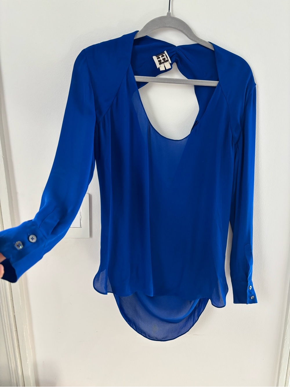 Haute Hippie Cobalt Blue Long-Sleeve Scoop Neck Blouse 100% silk